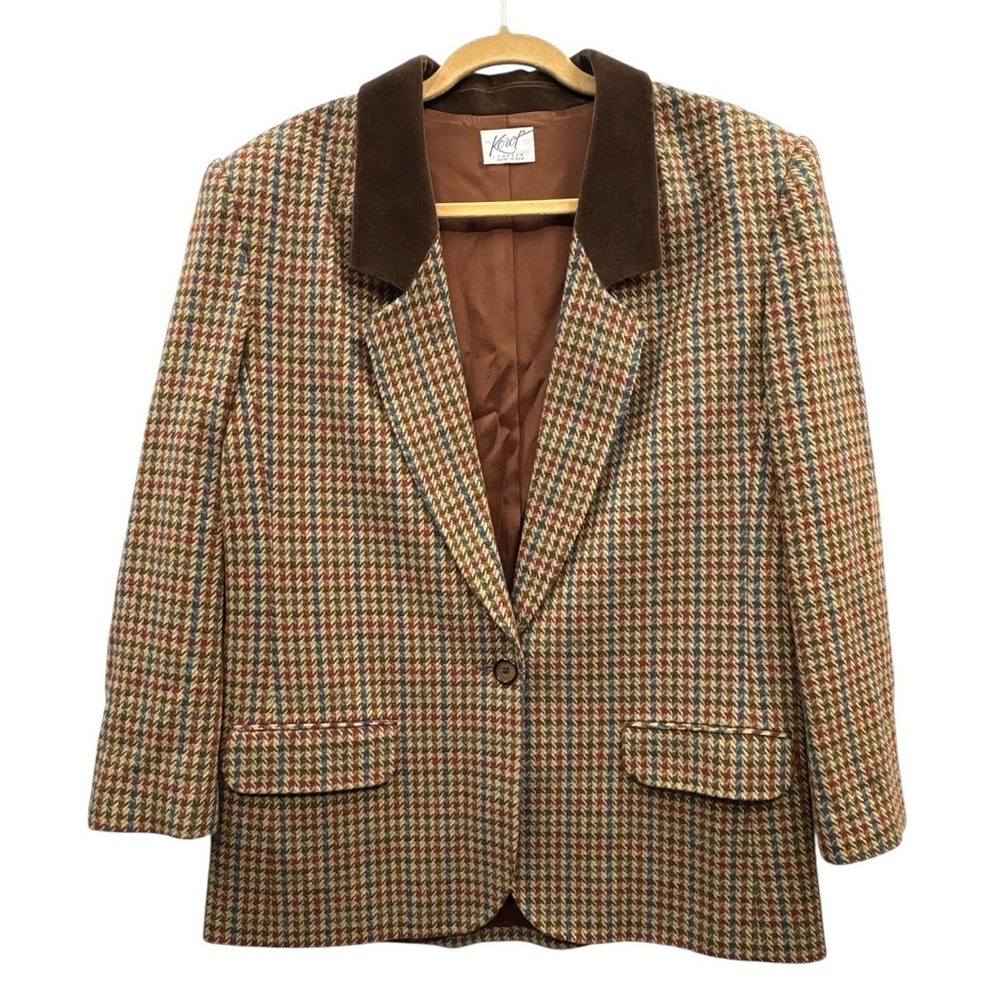 Vintage Koret Career Wool Blend Houndstooth Tweed Blazer Suede Trim Jacket